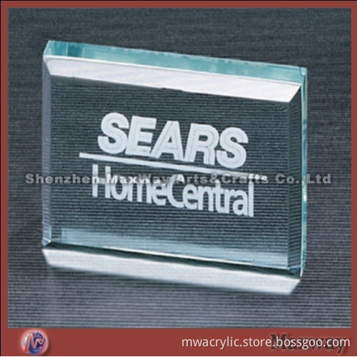 Transparent rectangular polished acrylic paperweight/gift/reward with logo and artwork